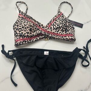No Boundaries Leopard Print Bikini Top with Black Tie-Side Bottoms - Pink Accent
